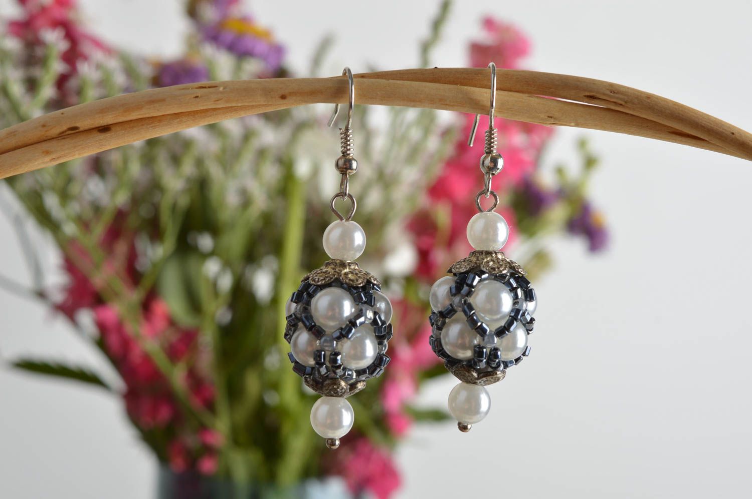 Handmade designer dangle earrings with faux pearls and blue beads photo 1