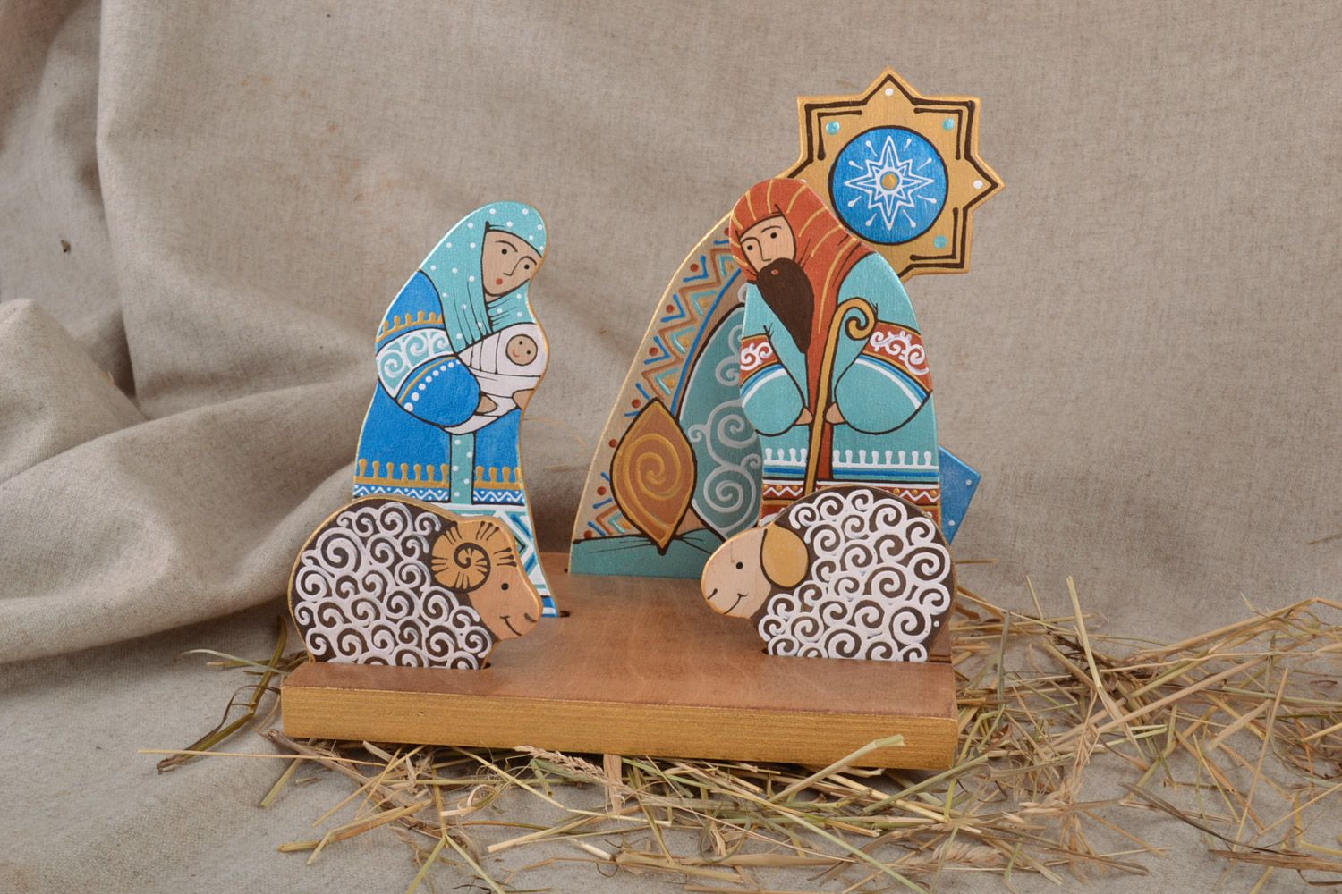 Belén navideño de madera para niños y adultos figuras de María y José foto 1