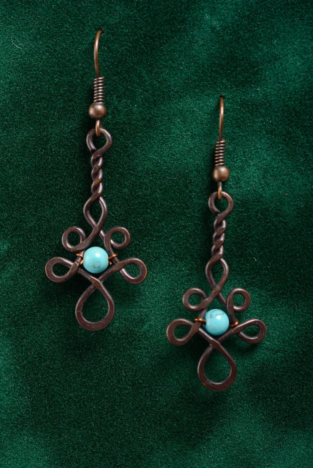 Long handmade earrings made of copper using wire wrap technique with artificial turquoise photo 1
