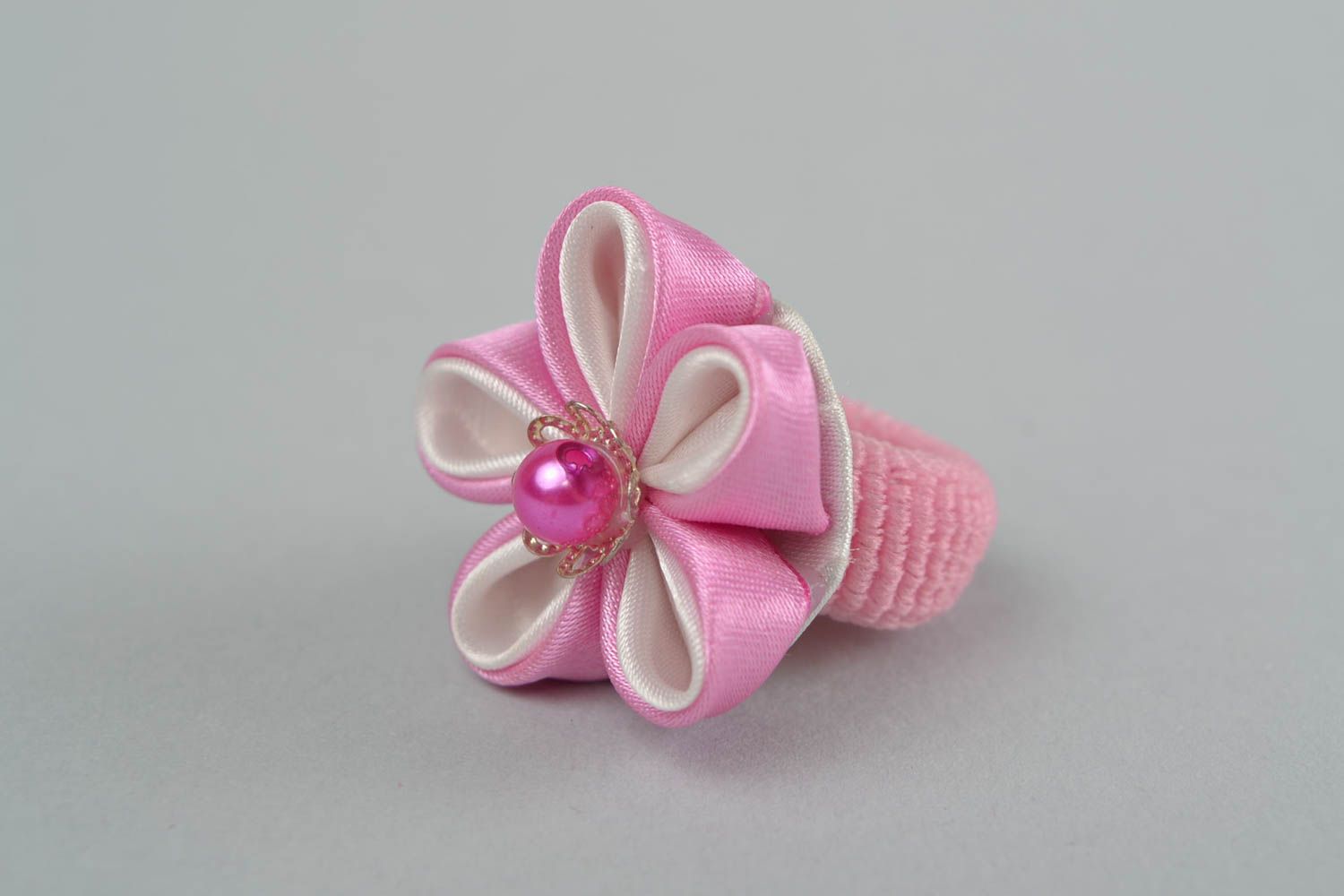 Designer hair tie in shape of flower with bead made using kanzashi technique  photo 3