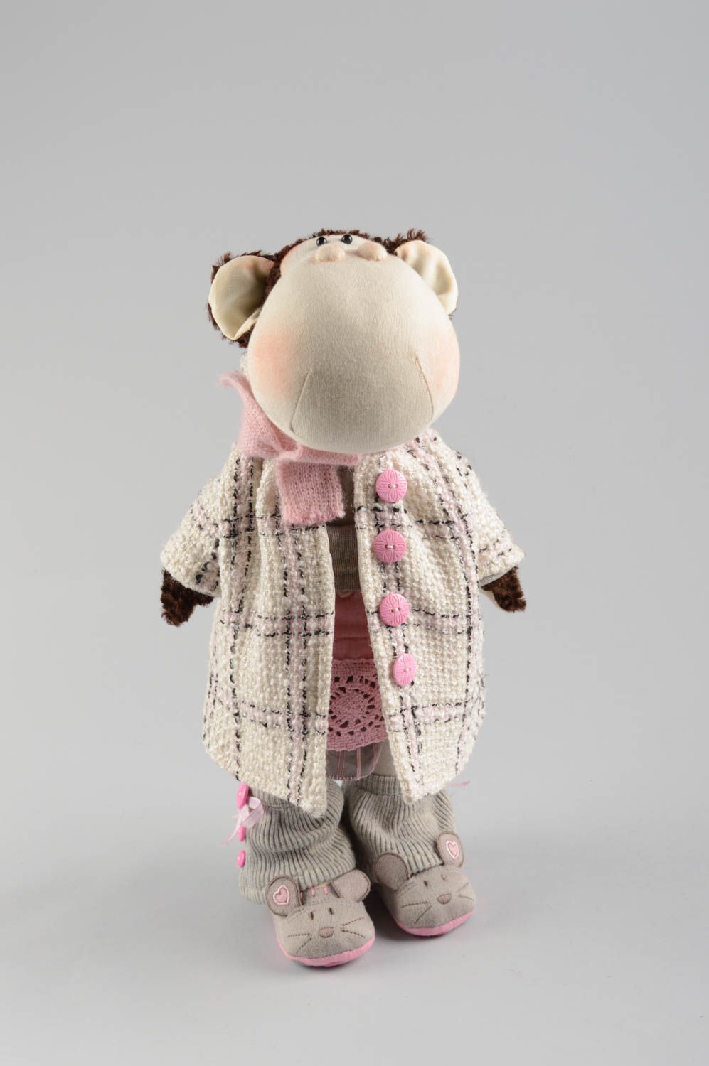 Handmade designer soft toy sewn of linen fabric stylish monkey in coat photo 2