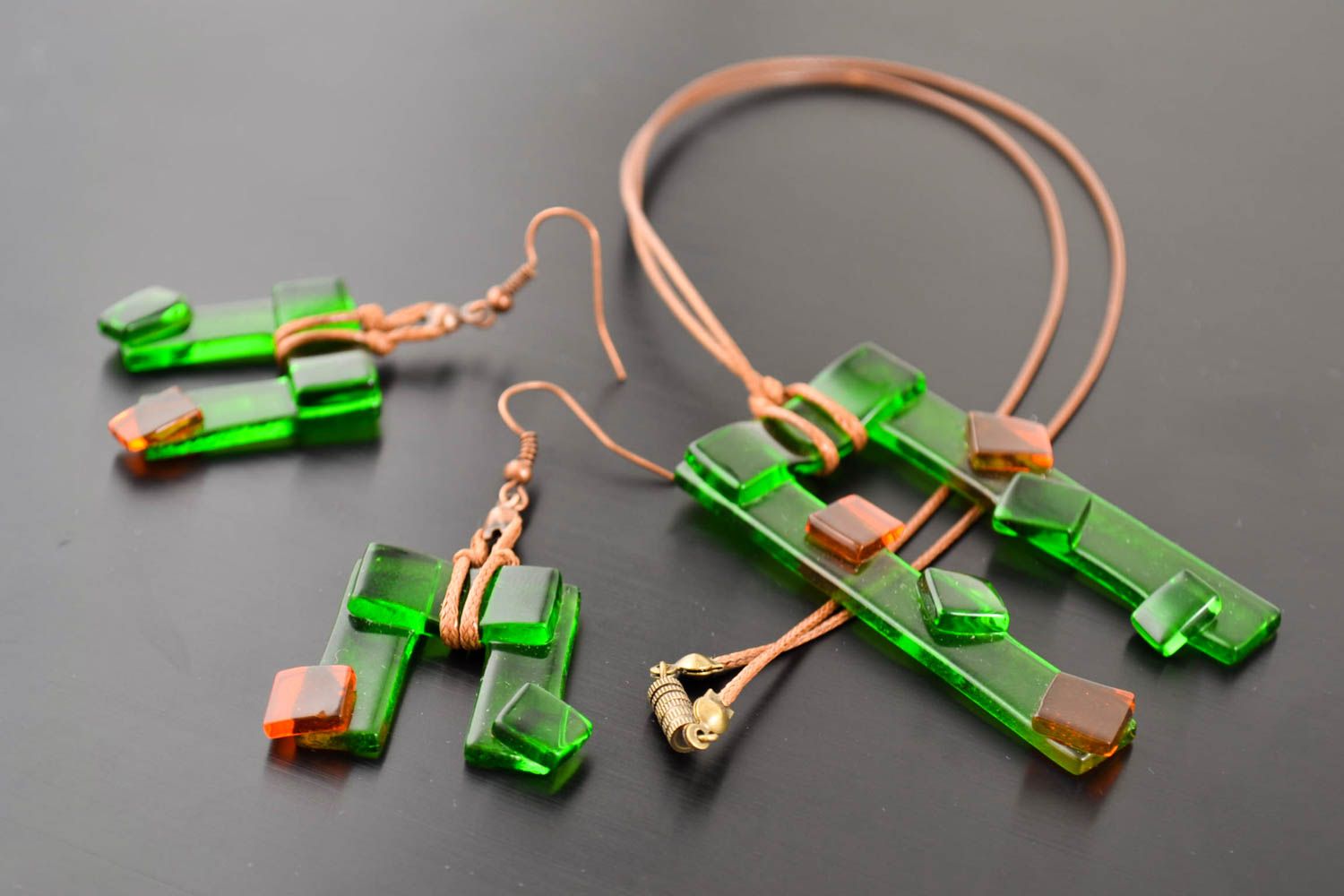 Set of handmade glass pendant and earrings glass bijouterie handmade accessory  photo 1