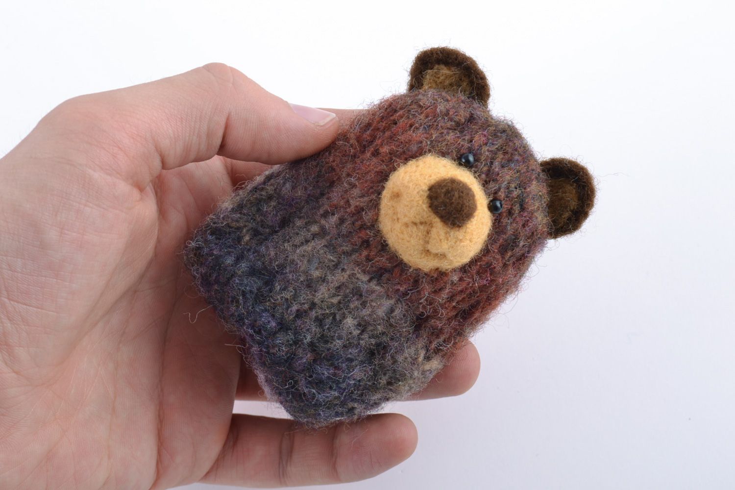 Brown handmade crochet toy bear with felted elements for children photo 2