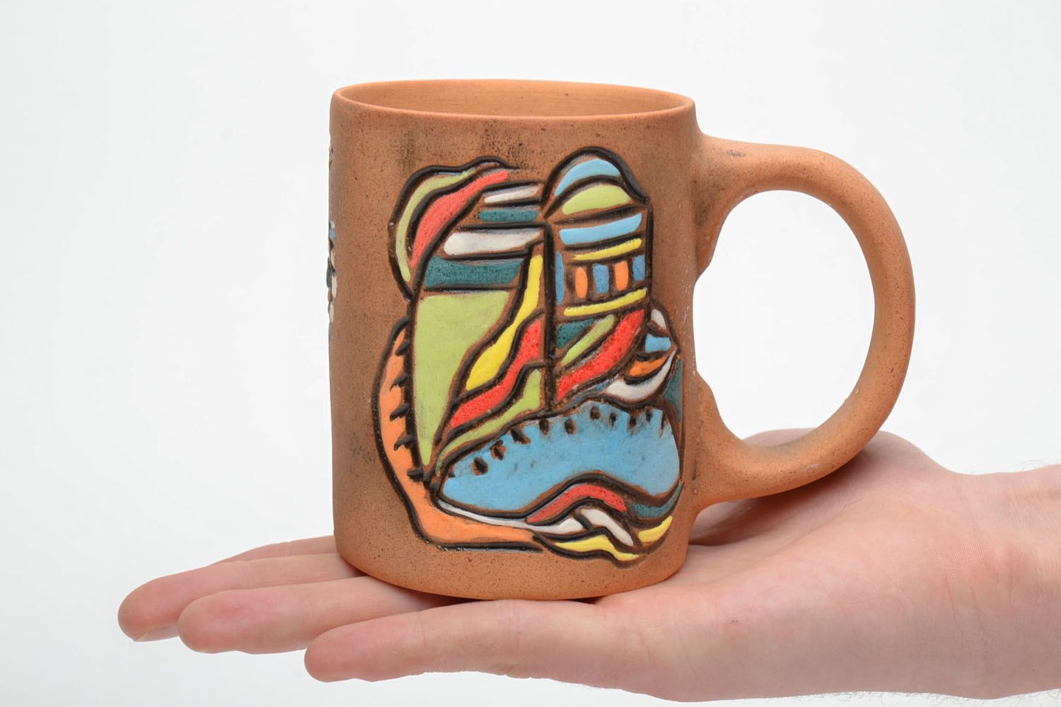 Clay ceramic art style coffee mug with a bright pattern photo 5