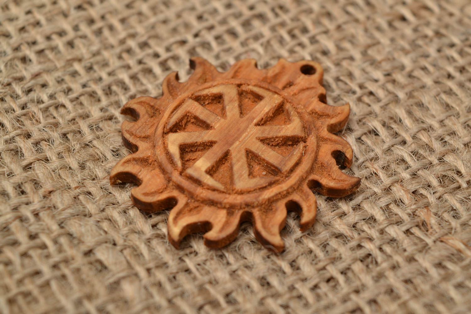 Handmade Slavic protective amulet natural wooden carved pendant Kolovrat photo 1