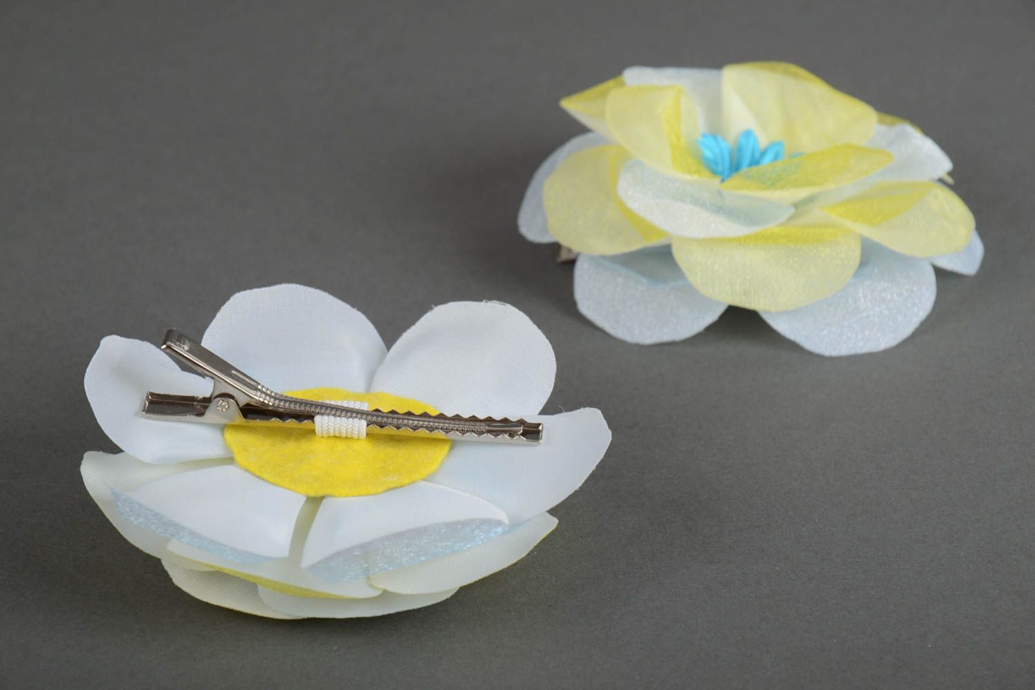 Set of 2 handmade designer hair clips with small light organza flowers for girls photo 5