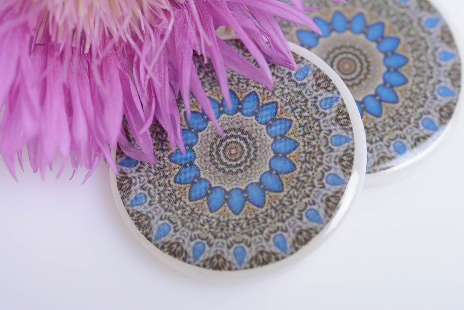 Homemade designer polymer clay round earrings in Oriental style decoupage photo 2
