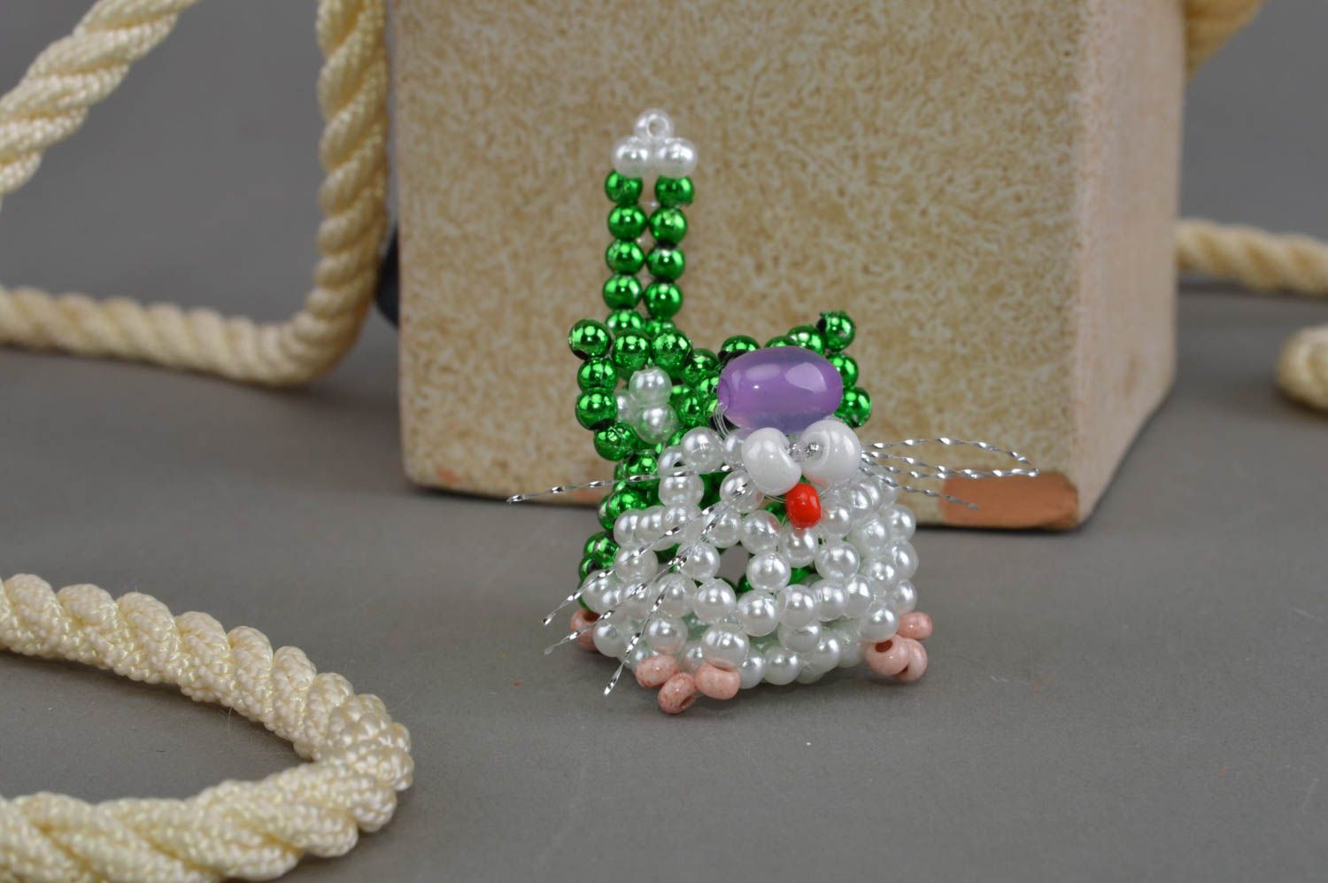Collectible miniature bead woven figurine of green kitten handmade decoration photo 1