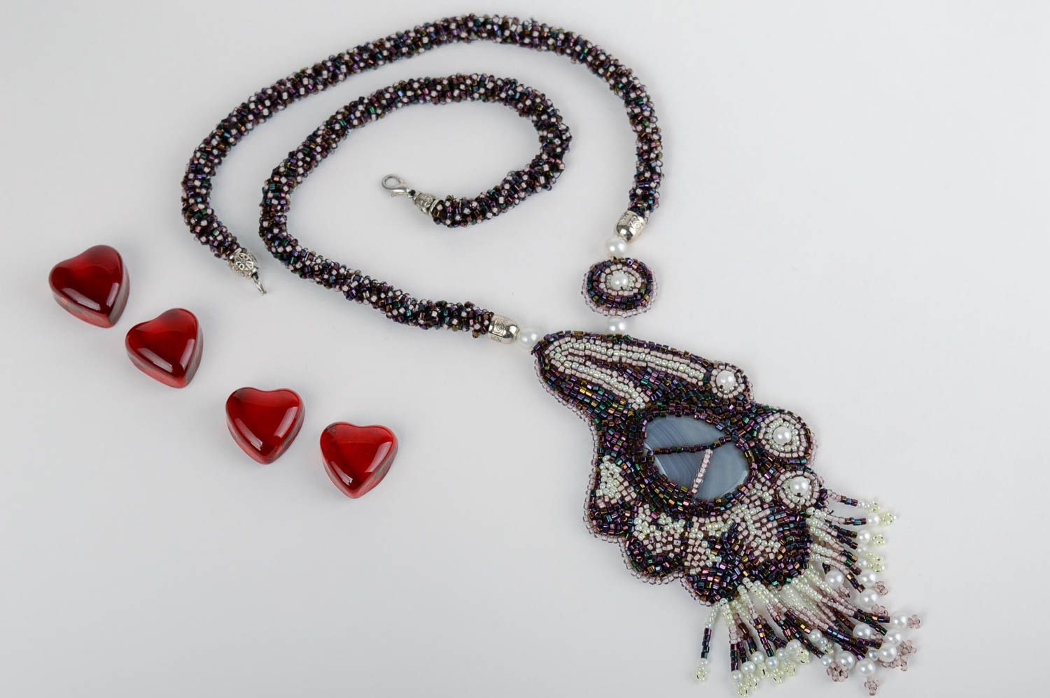 Collier pendentif avec agate Bijou fait main Cadeau femme en perles de rocaille photo 1