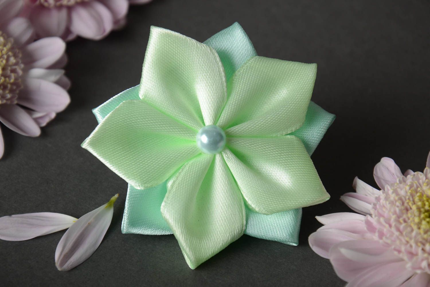 Decorative elastic hair band with tender flower of mint color with bead photo 1