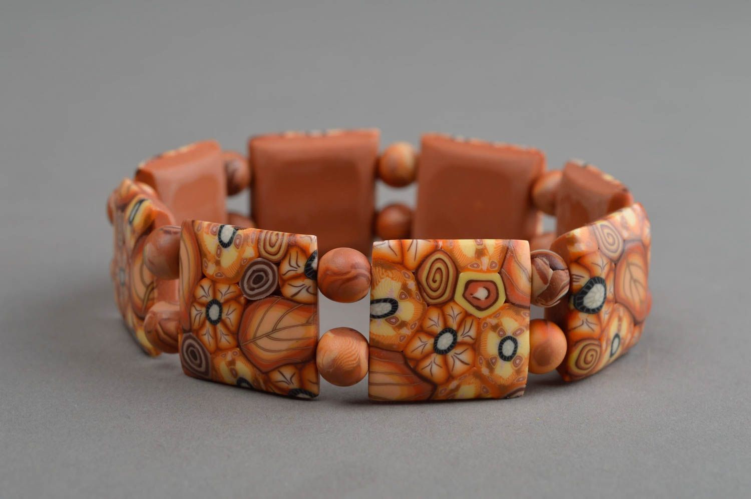Bracelet en pâte polymère sur élastique marron à motif floral fait main femme photo 3