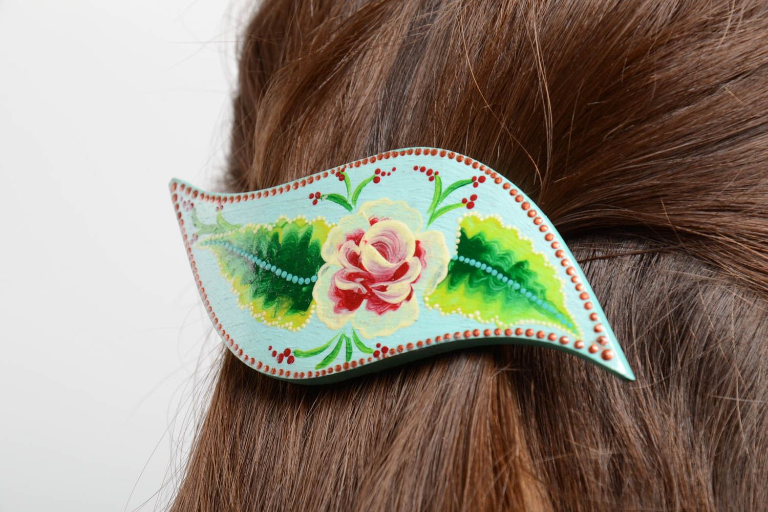 Handmade Blumen Haarspange Haarschmuck aus Holz Geschenk für Frauen mit Bemalung foto 2