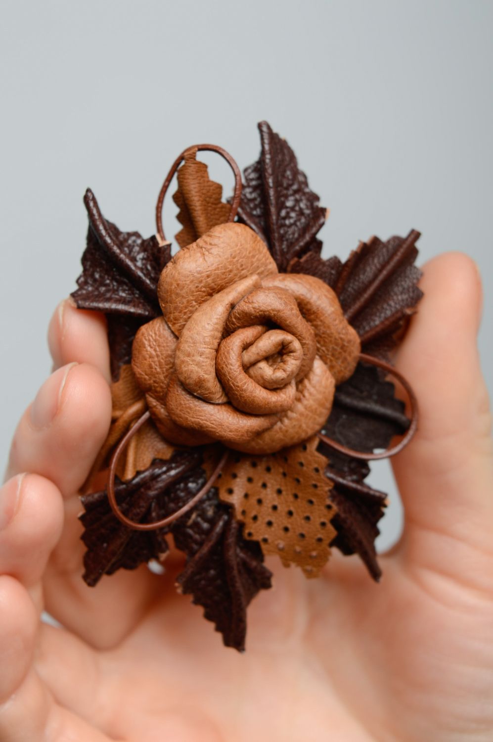 Handmade genuine leather brooch-hair clip Coffee Rose photo 2