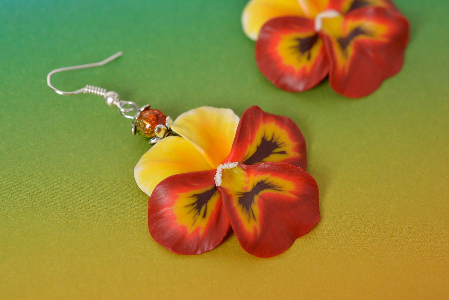 Colorful floral polymer clay dangle earrings handmade red violets photo 3