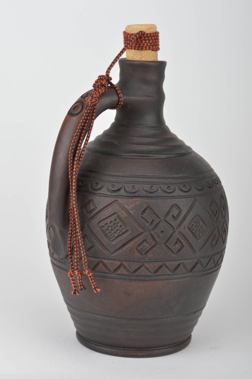Beautiful handmade designer dark ceramic bottle with cork and ornament 2 l photo 2