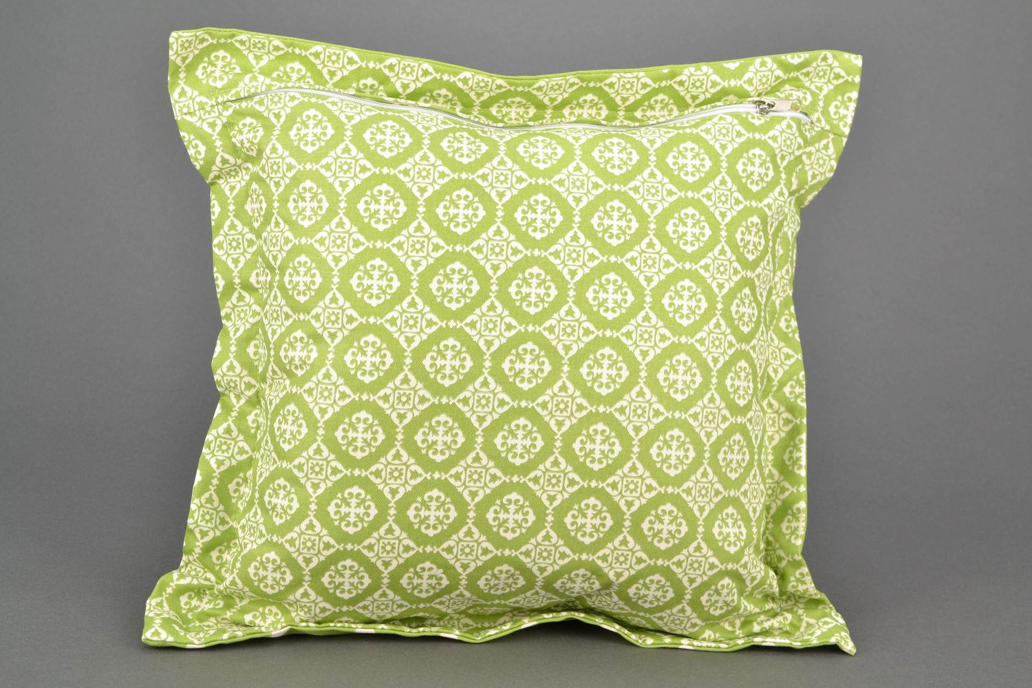 Handmade accent pillow of olive color with dotted print photo 3
