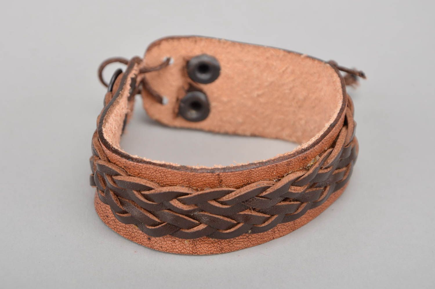 Handmade designer dark brown natural leather wide wrist bracelet with rivets photo 2