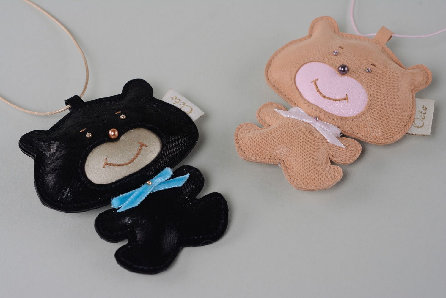 Handmade genuine leather keychain in the shape of black bear with blue bow  photo 5