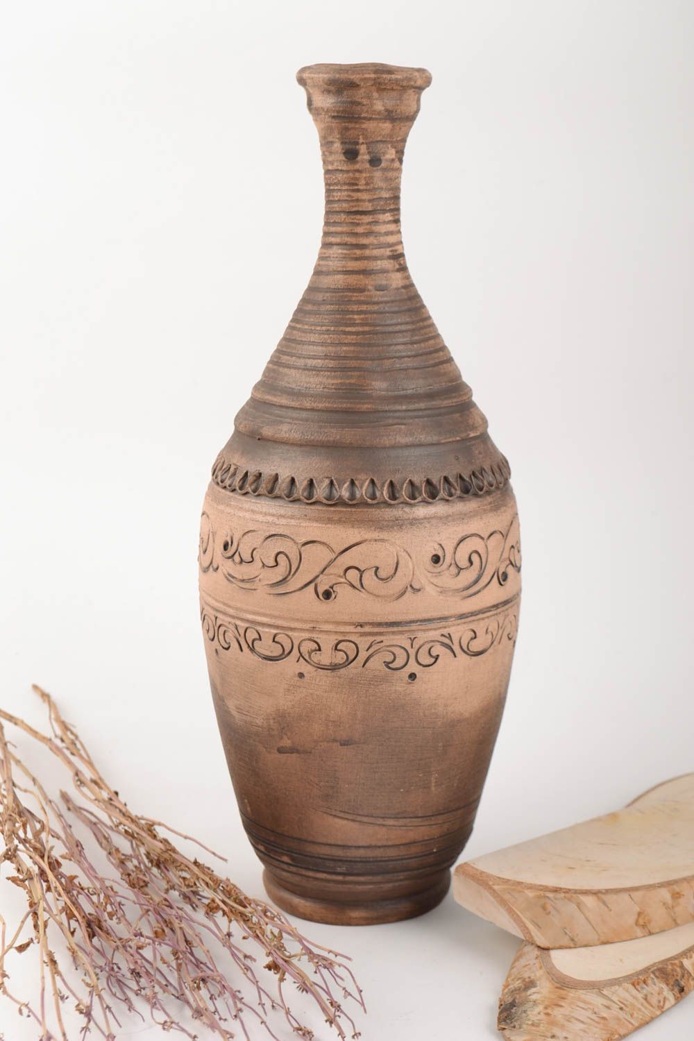 Handmade large brown decorative ceramic bottle 1 l in ethnic style photo 1