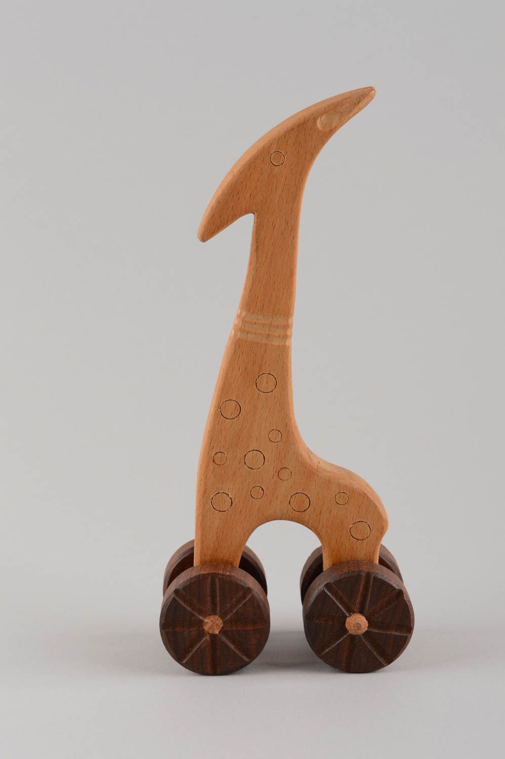 Handmade designer wooden toy unusual figurine of giraffe with wheels eco photo 3