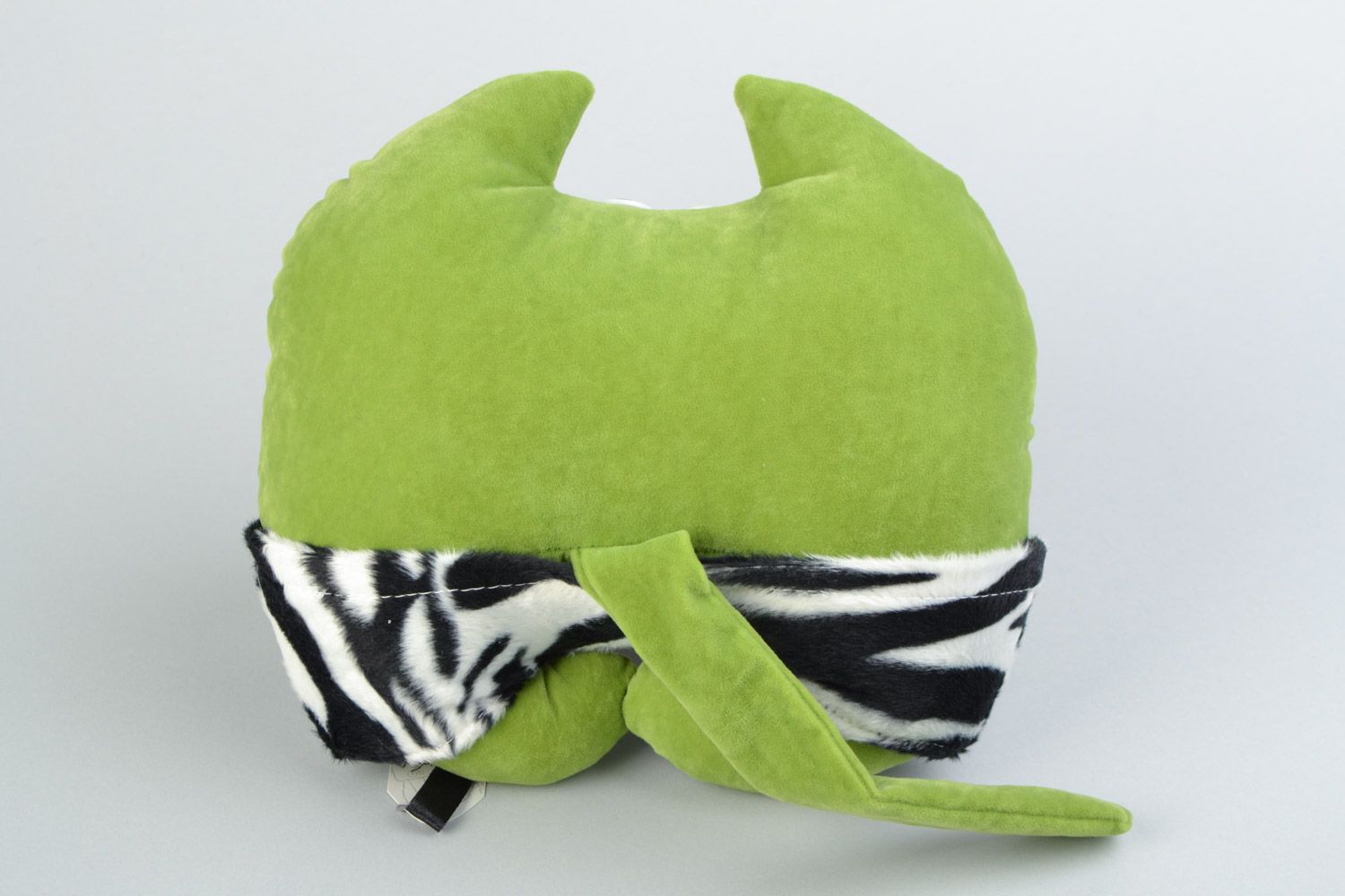 Handmade green soft cushion in the form of a cat made of flock fabric photo 4