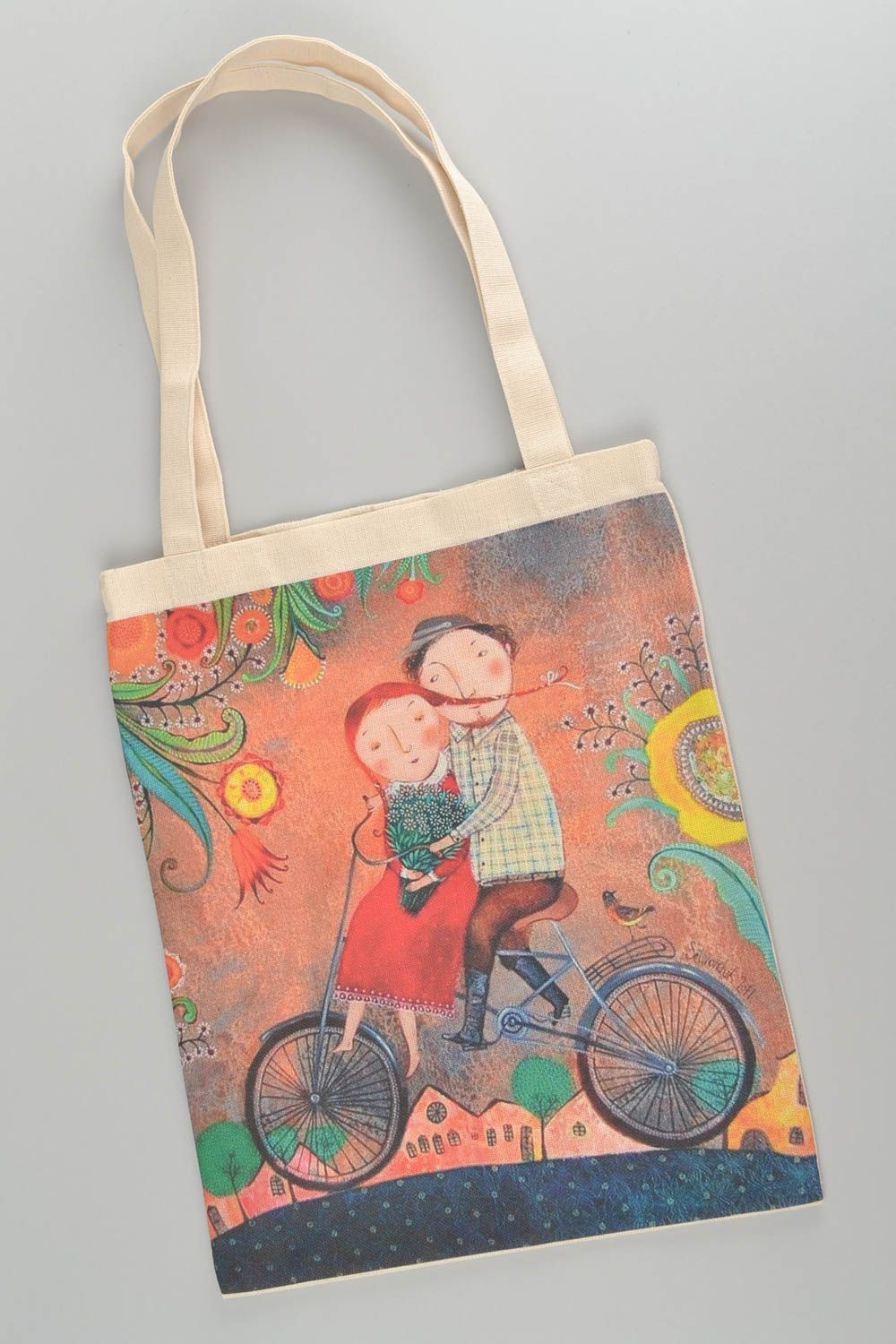 Bright eco bag in casual style with print handmade shoulder bag for walks photo 3