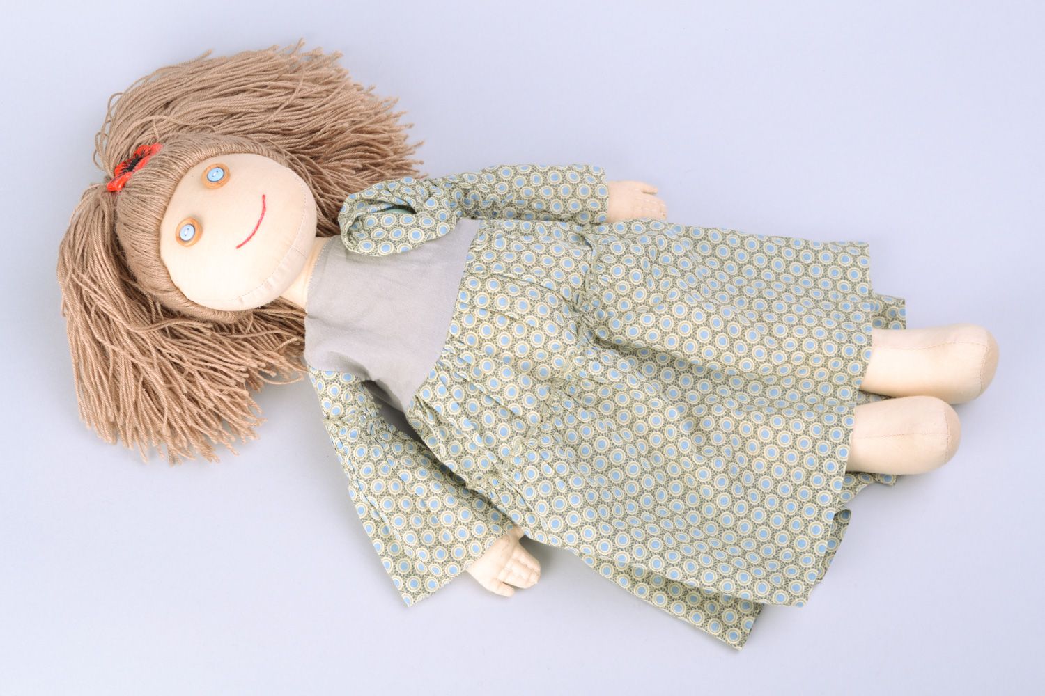 Handmade designer soft doll sewn of cotton fabric with volume hair Agata  photo 3