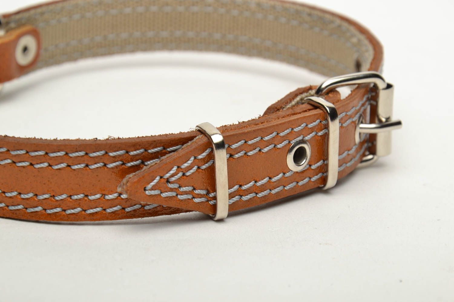 Brown dog collar with handmade sewing photo 3