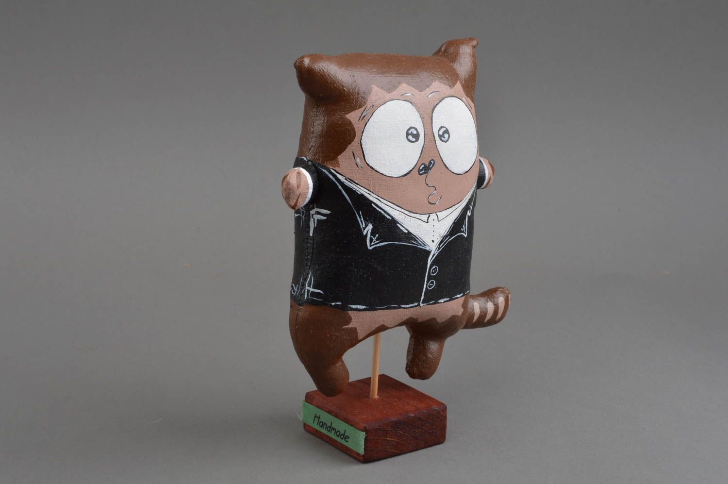 Figurine chat en tissu de lin peinte avec support de bois faite main originale photo 2