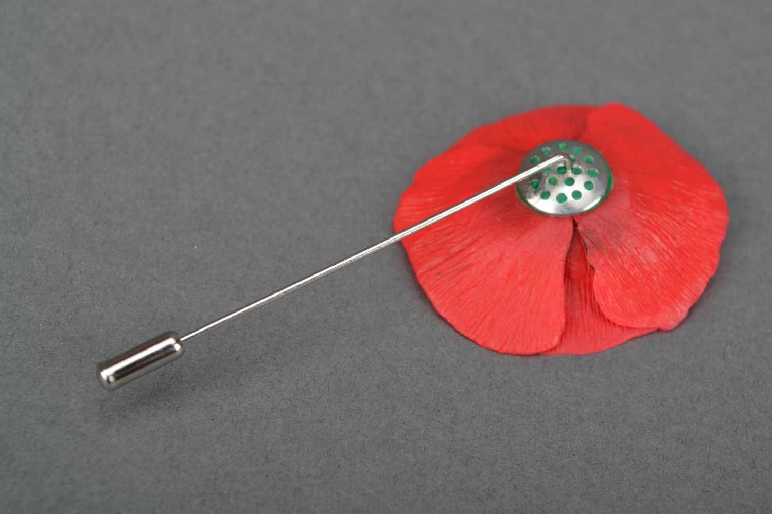 Polymer clay hair pin-brooch in the shape of poppy flower photo 4