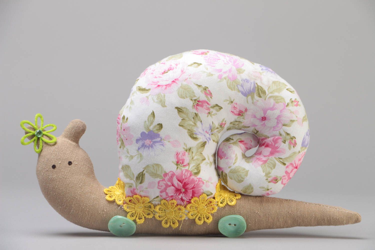Handmade cotton fabric soft toy funny snail with floral pattern for children photo 2