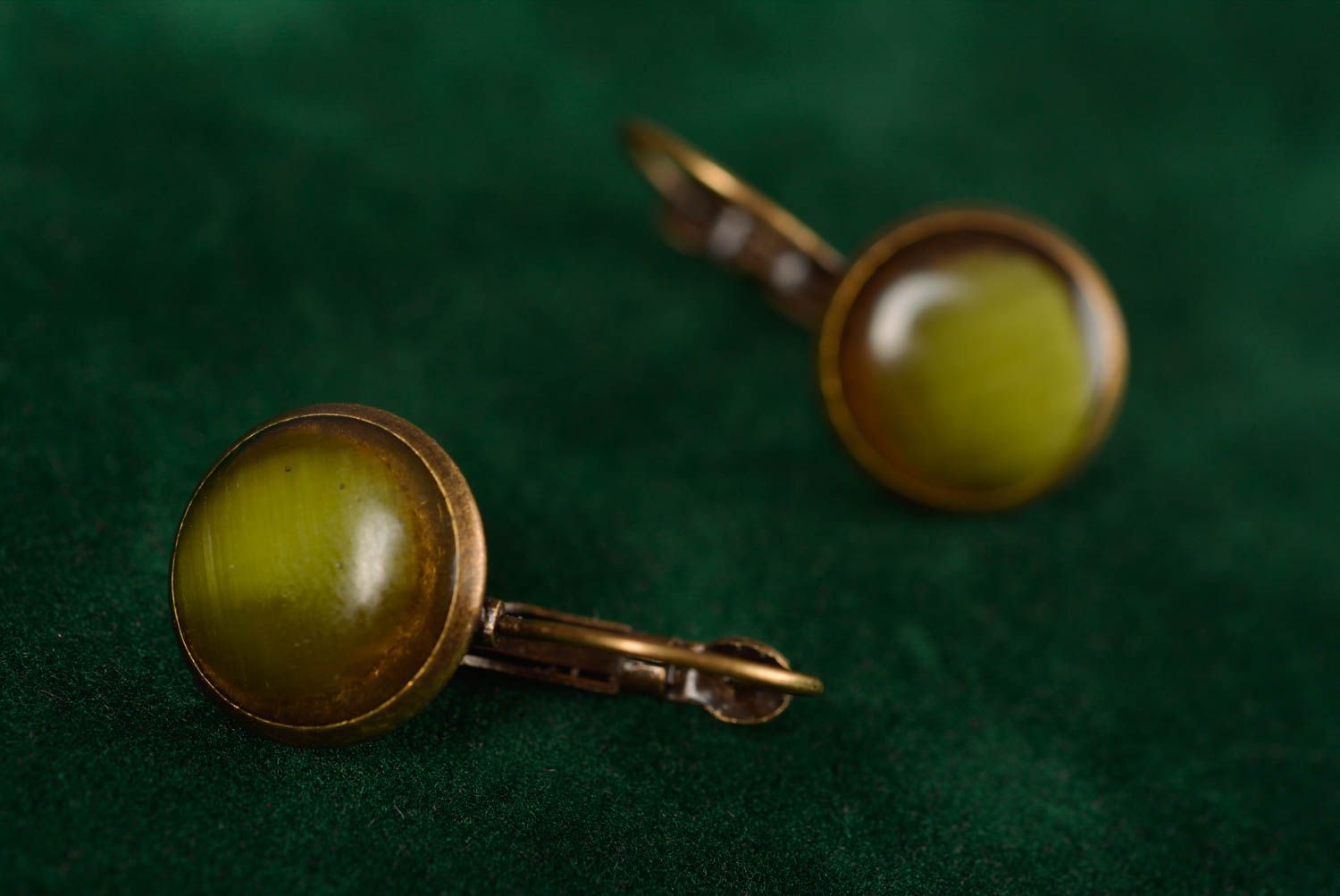 Small earrings made of metal and natural cat's eye stone handmade accessory photo 5