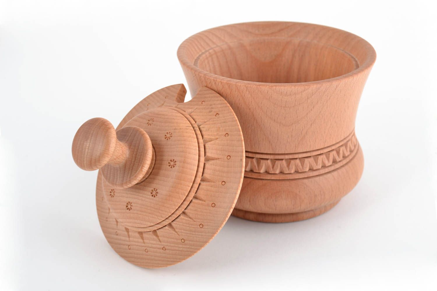 Handmade decorative carved wooden dry goods container with lid for 450 ml photo 3