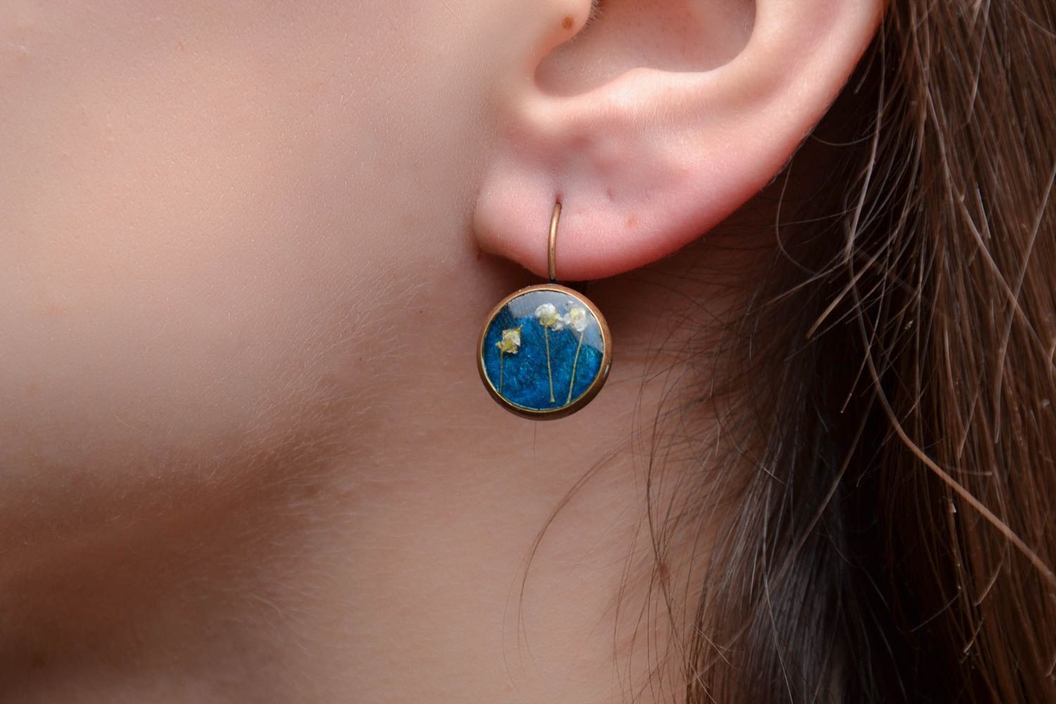 Blue earrings with natural flowers photo 2