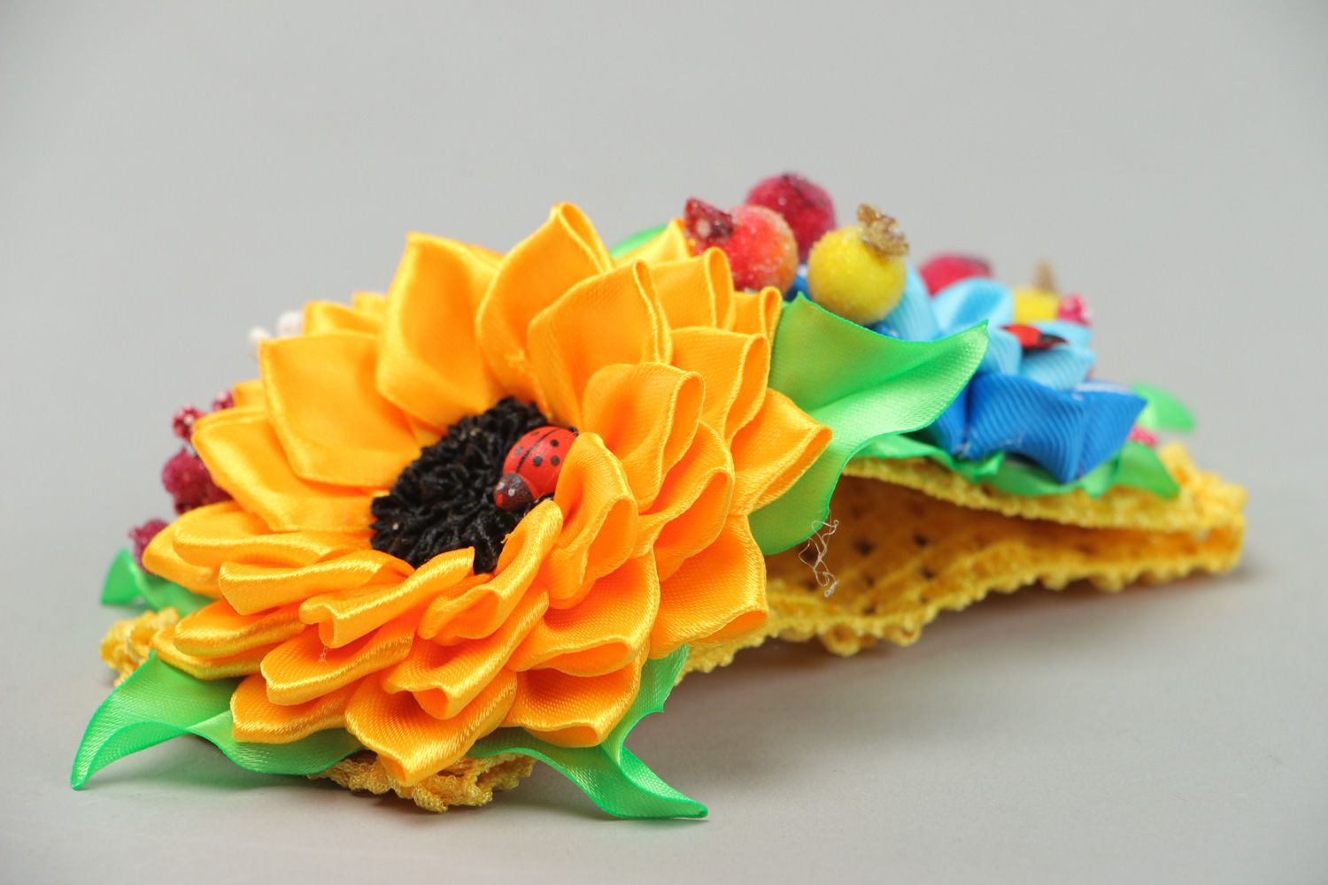 Bright colorful handmade wide elastic headband with artificial flowers photo 2