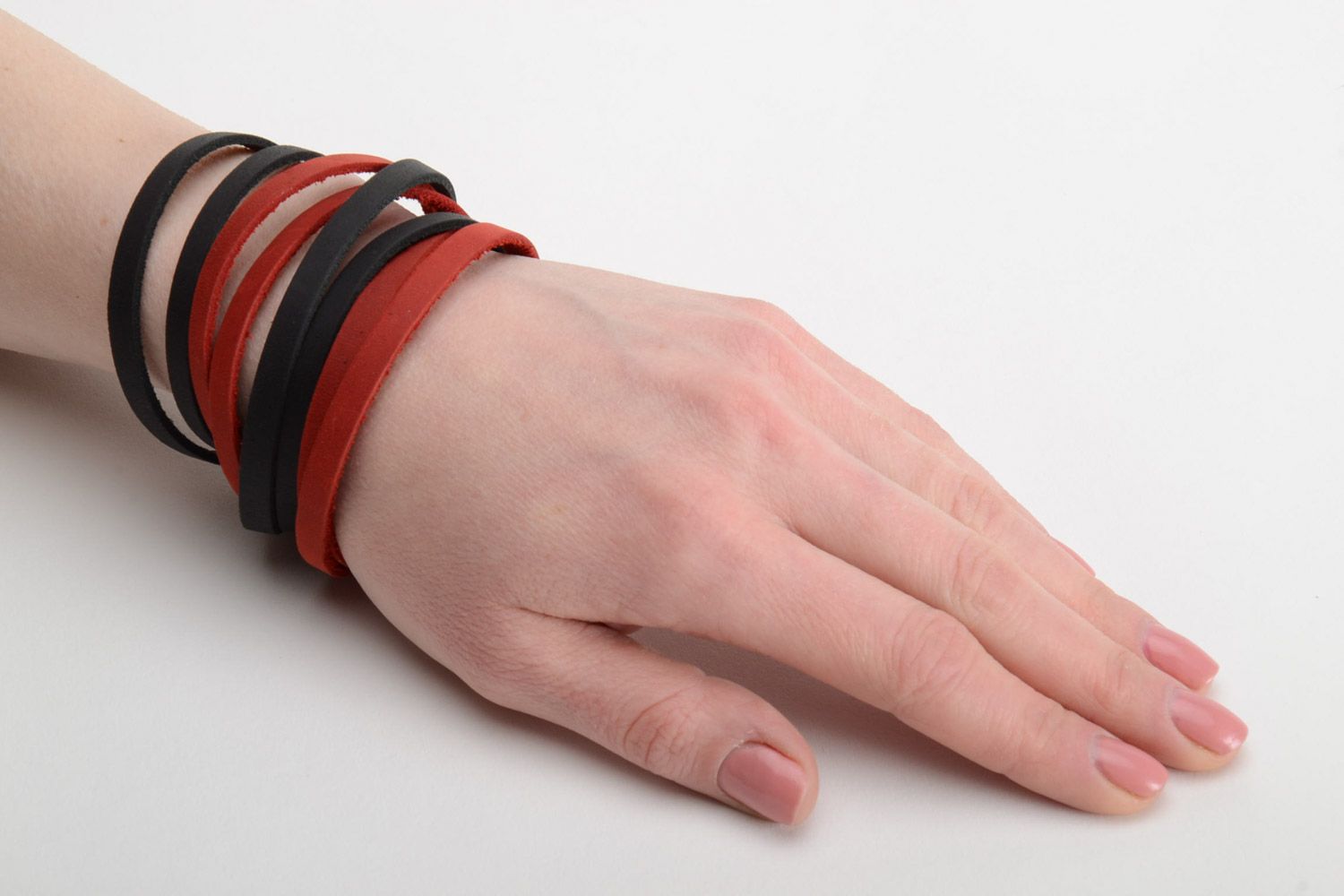 Set of two handmade multi wrap red and black genuine leather wrist bracelets  photo 5