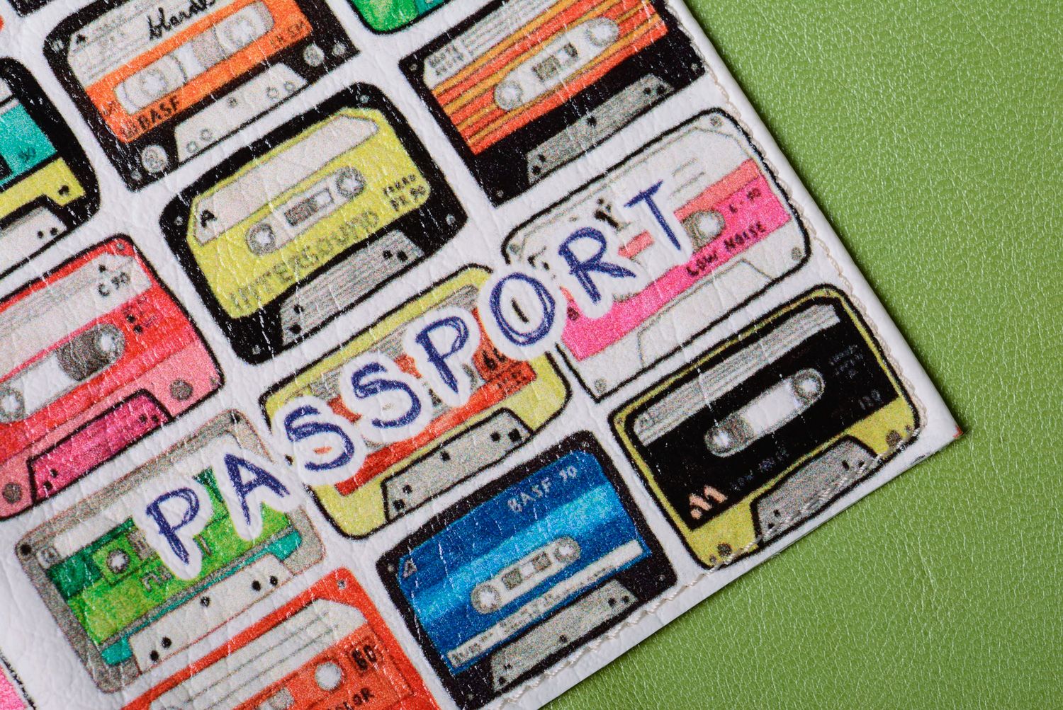 Homemade leather passport cover with print Old Recorder Cartridges photo 2