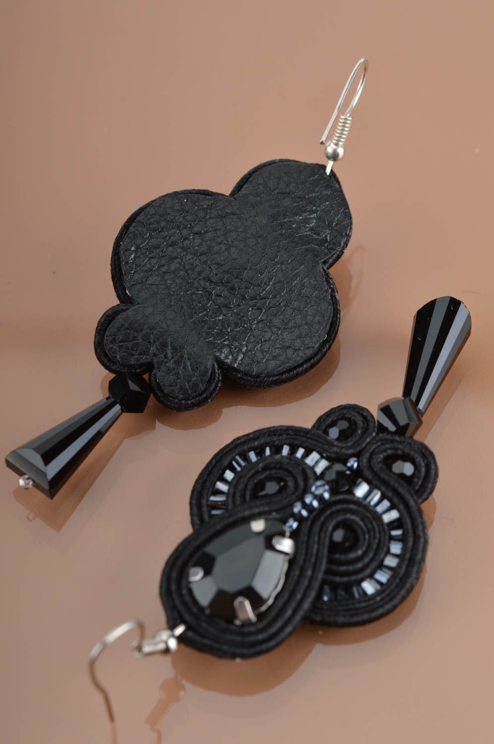 Beautiful homemade designer black soutache earrings with beads photo 5