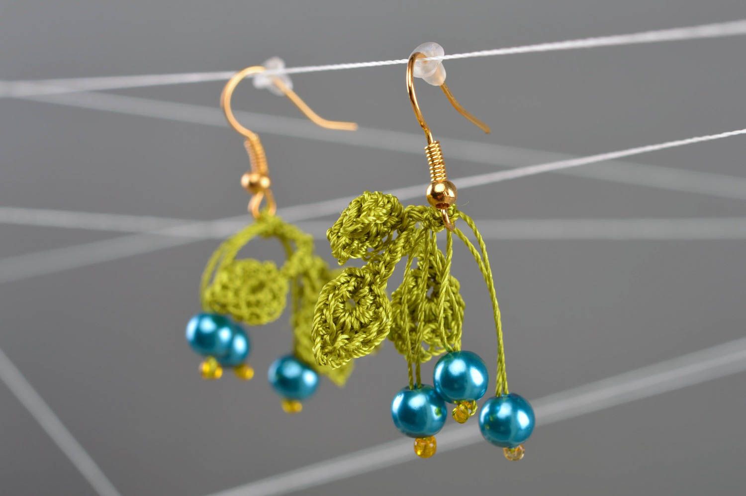 Green thread earrings with beads beautiful gentle handmade summer accessory photo 1