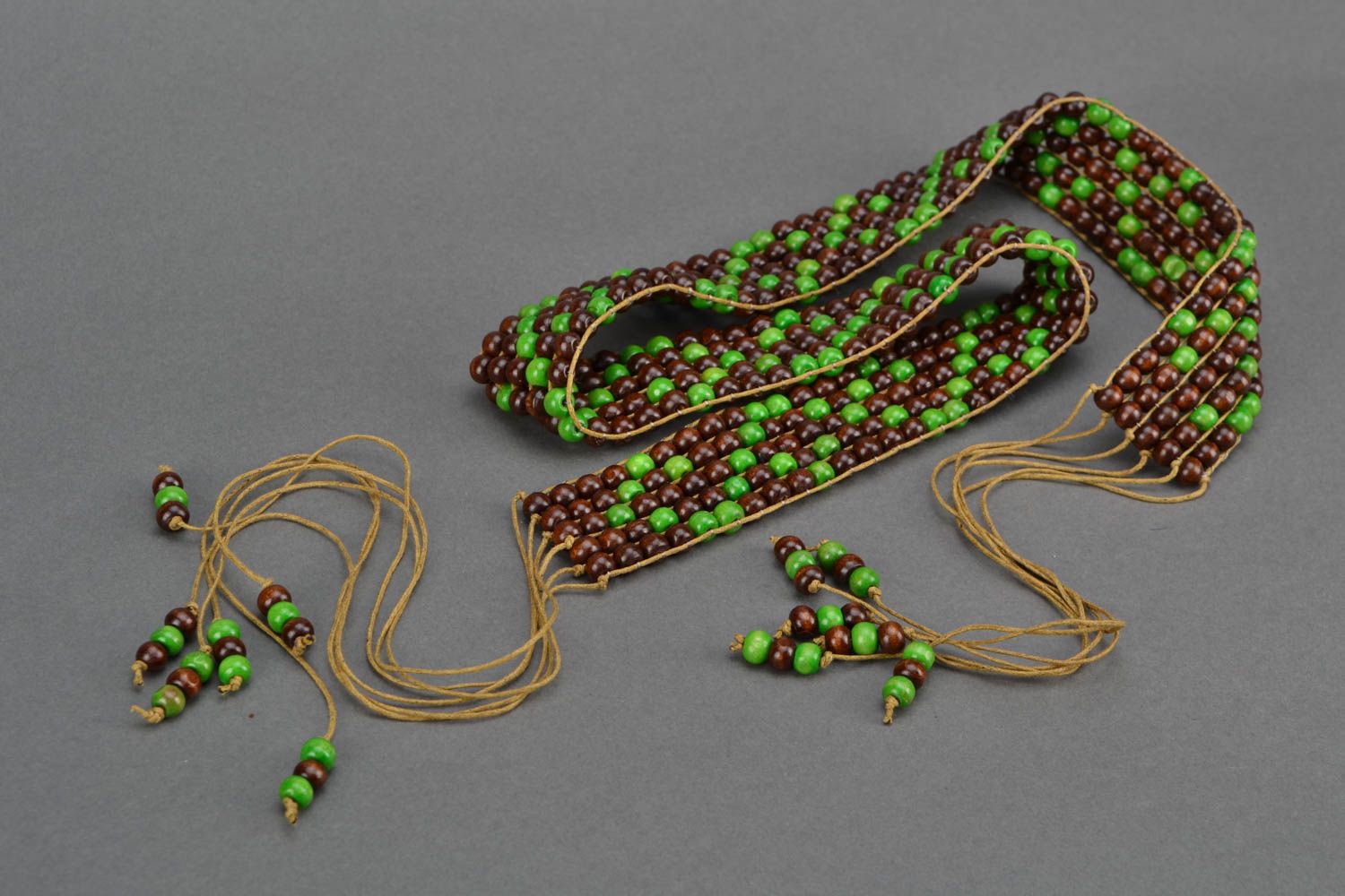 Woven wood bead belt with ties photo 1