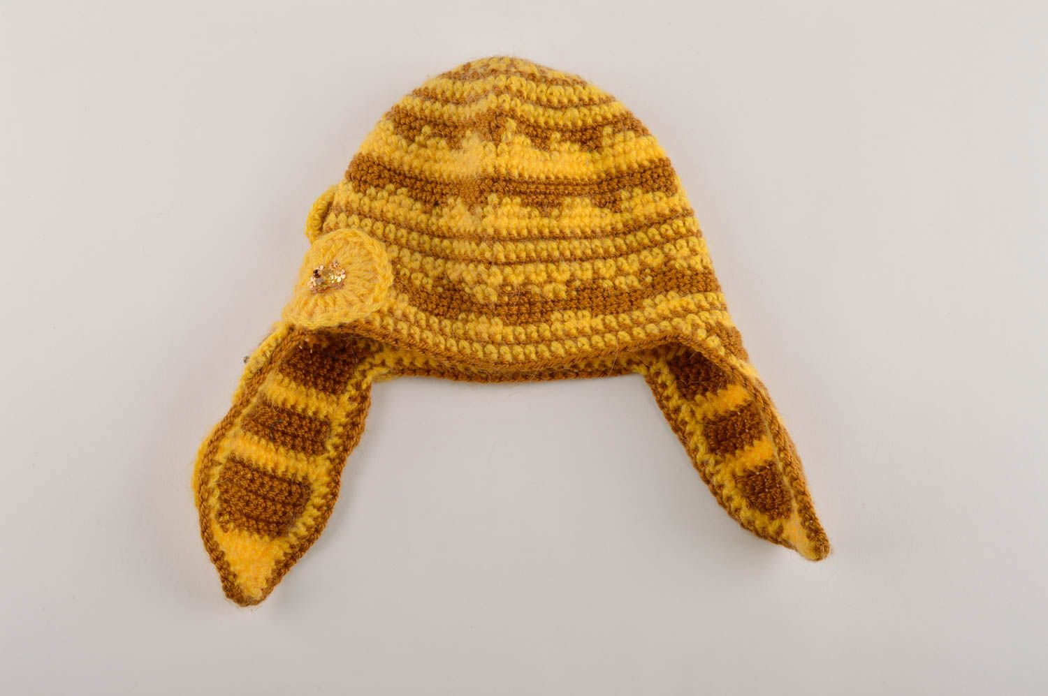 Зимняя шапка ручной работы шапка для девочек вязаная шапка желтая с цветочками фото 3