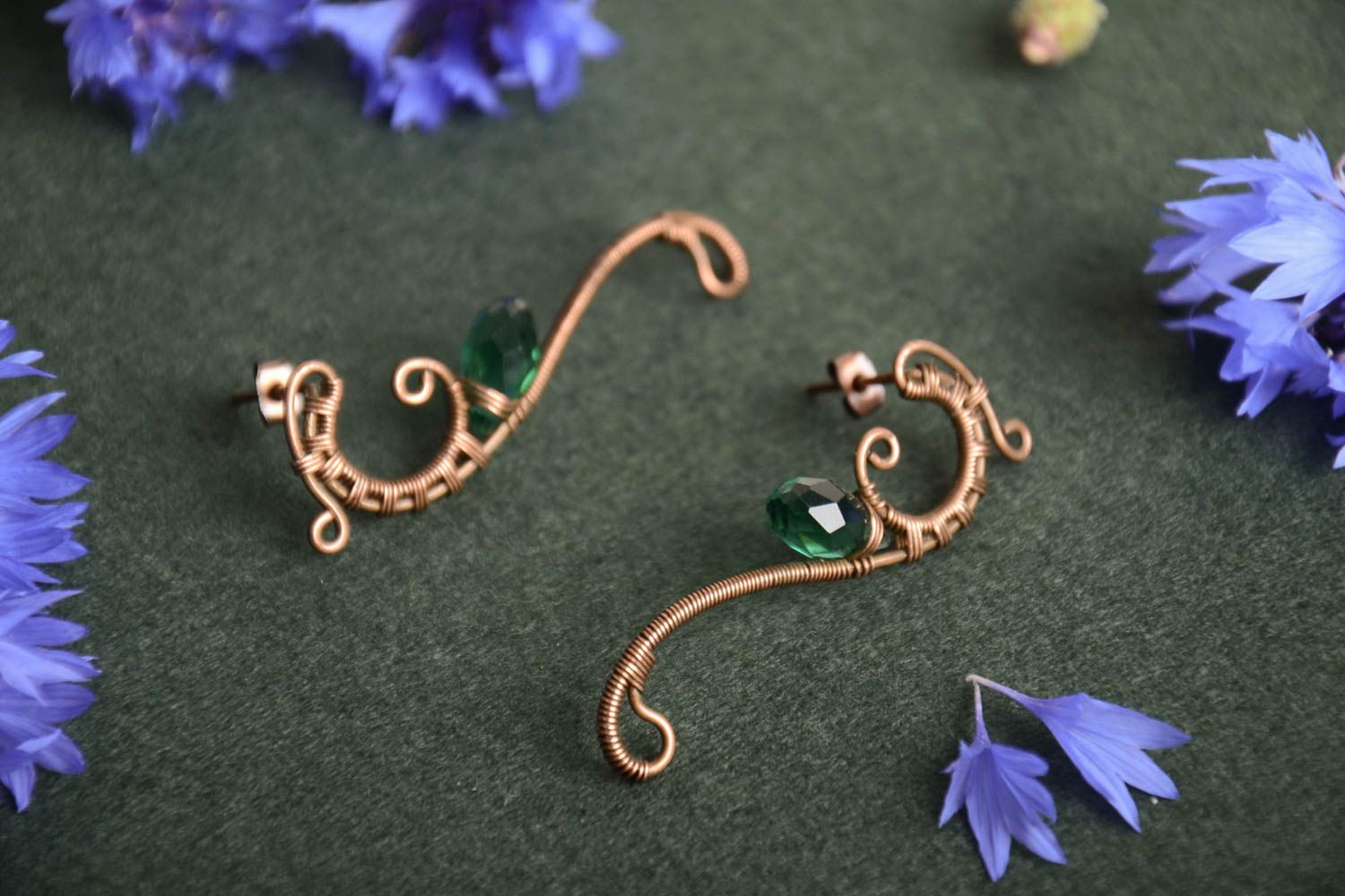 Beautiful unusual handmade long wire wrapped copper earrings with green crystal  photo 1