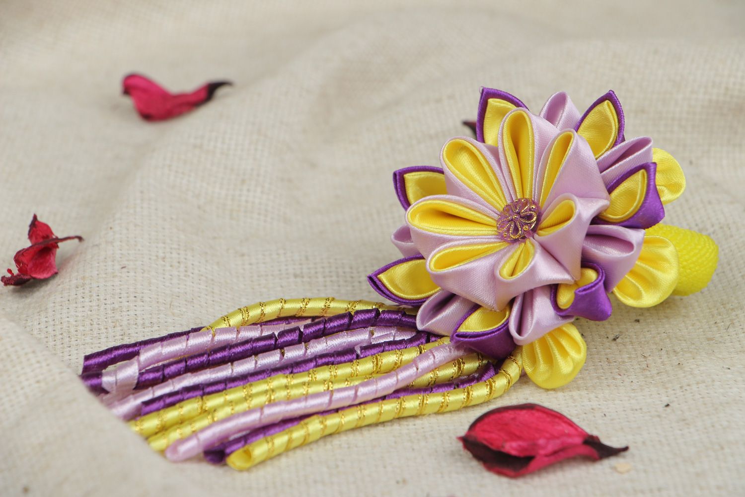 Handmade yellow and violet hair tie with satin ribbon volume kanzashi flower photo 5