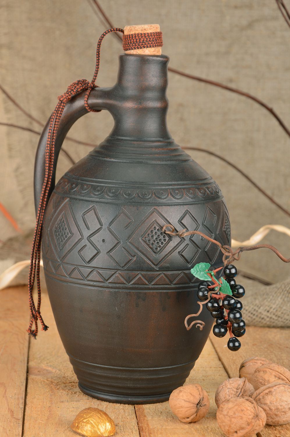 Beautiful handmade designer dark ceramic bottle with cork and ornament 2 l photo 1