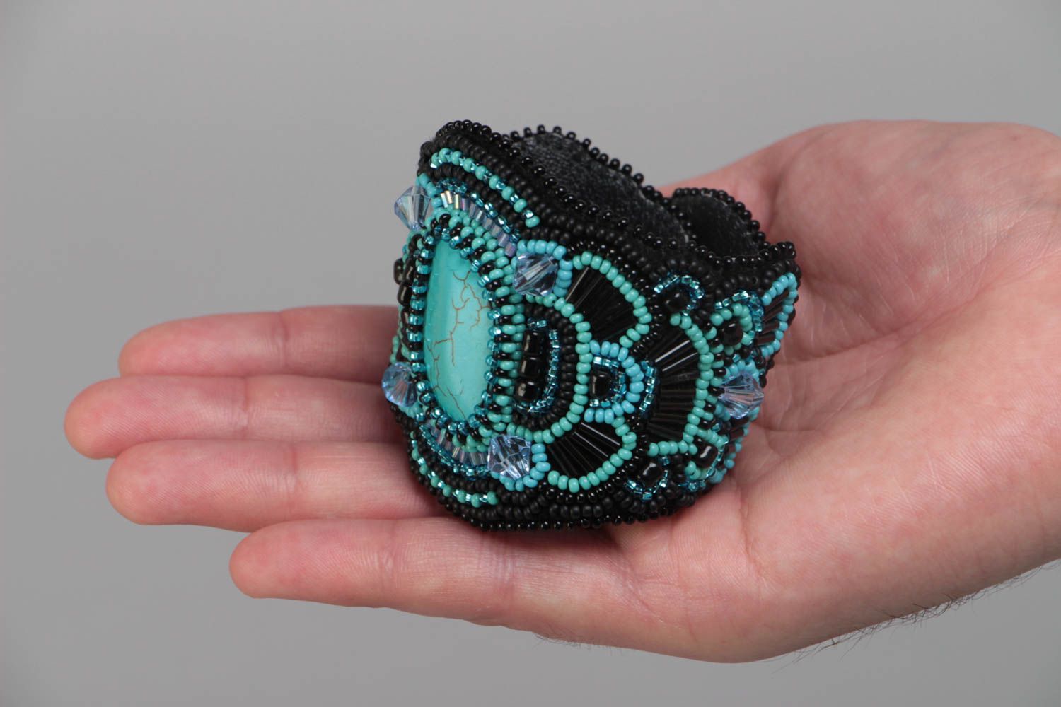 Handmade black wide wrist bracelet embroidered with beads and faux turquoise photo 5