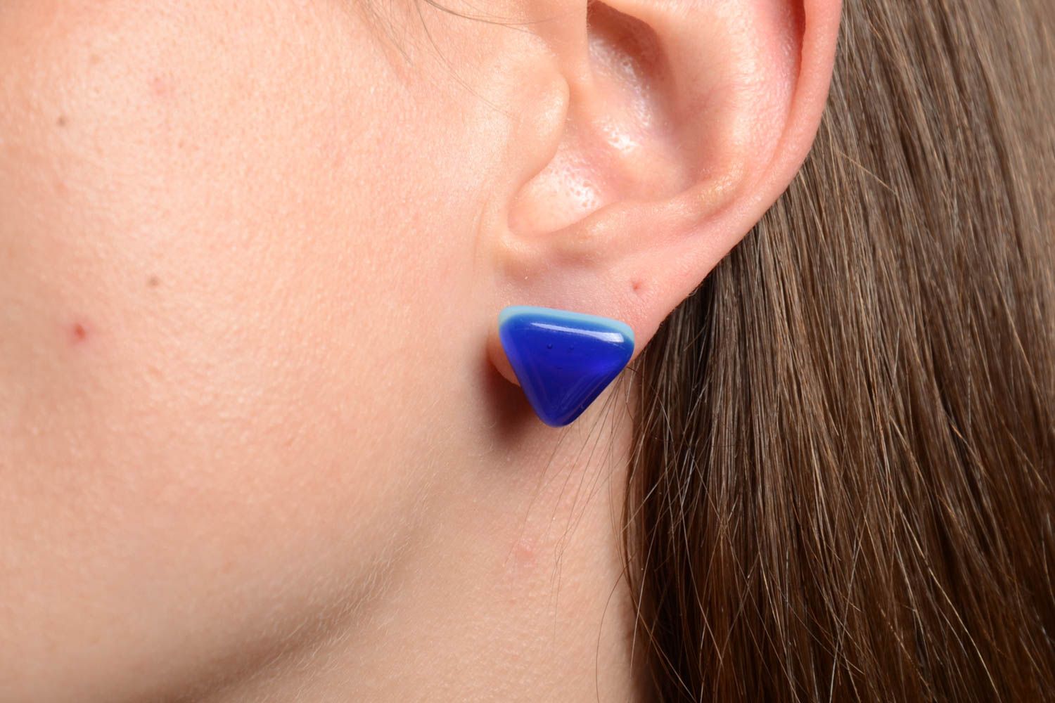Beautiful earrings made of fusing glass triangular blue female handmade jewelry photo 2