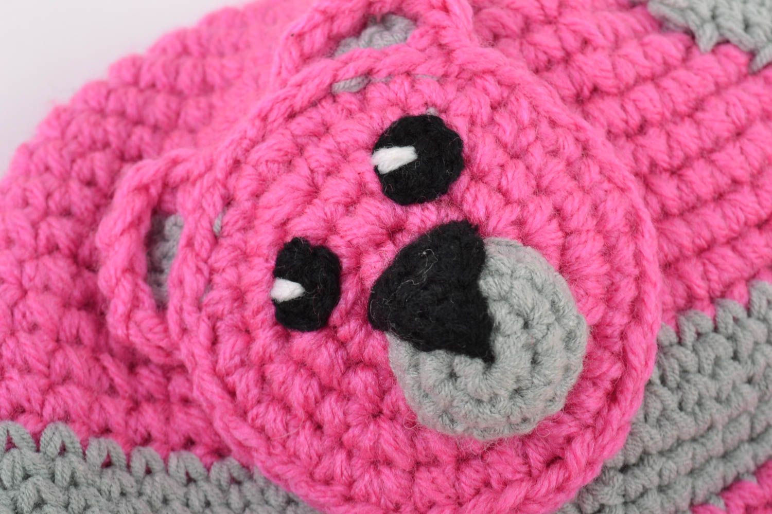 Handmade baby girl hat crocheted of pink and gray cotton threads with bear muzzle photo 3