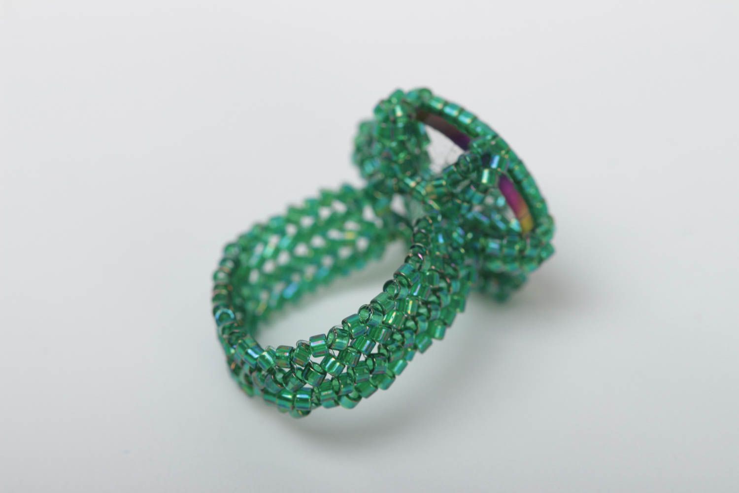Handmade beaded ring green accessory for kids cute jewelry with crystals photo 3