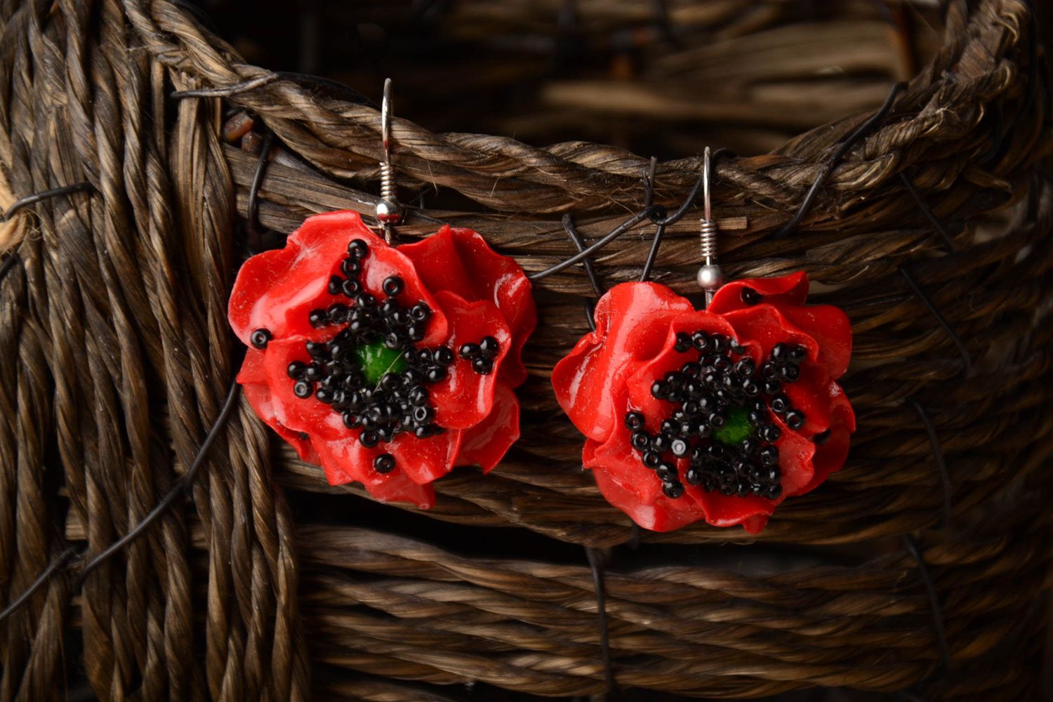 Polymer clay dangle earrings in the shape of poppies photo 1