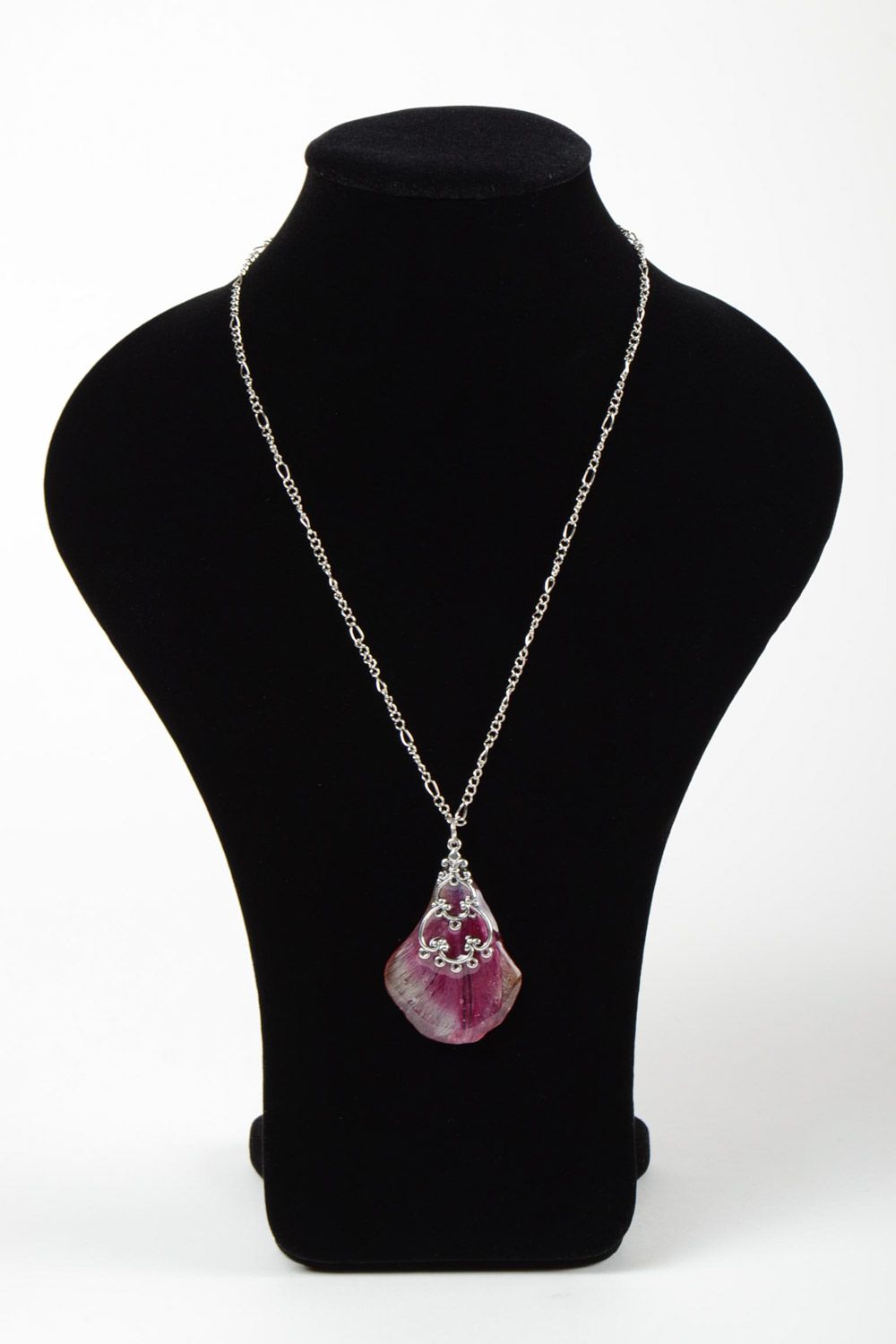 Handmade pendant on long chain with flower petal coated with epoxy resin photo 2